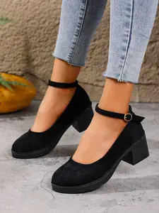 Women's Velvet Mary Jane Shoes, Vintage Style Thick Sole High Heels, Comfortable Round Toe Design, Perfect for Casual & Formal Wear