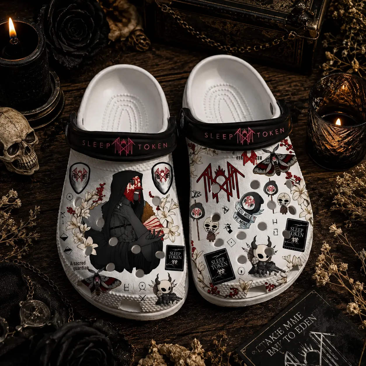 Retro Sleep Token Band Concert Tour Clogs, Gothic Occult Graphic Slip-On Shoes, Monochrome Fantasy Lightweight Casual Footwear