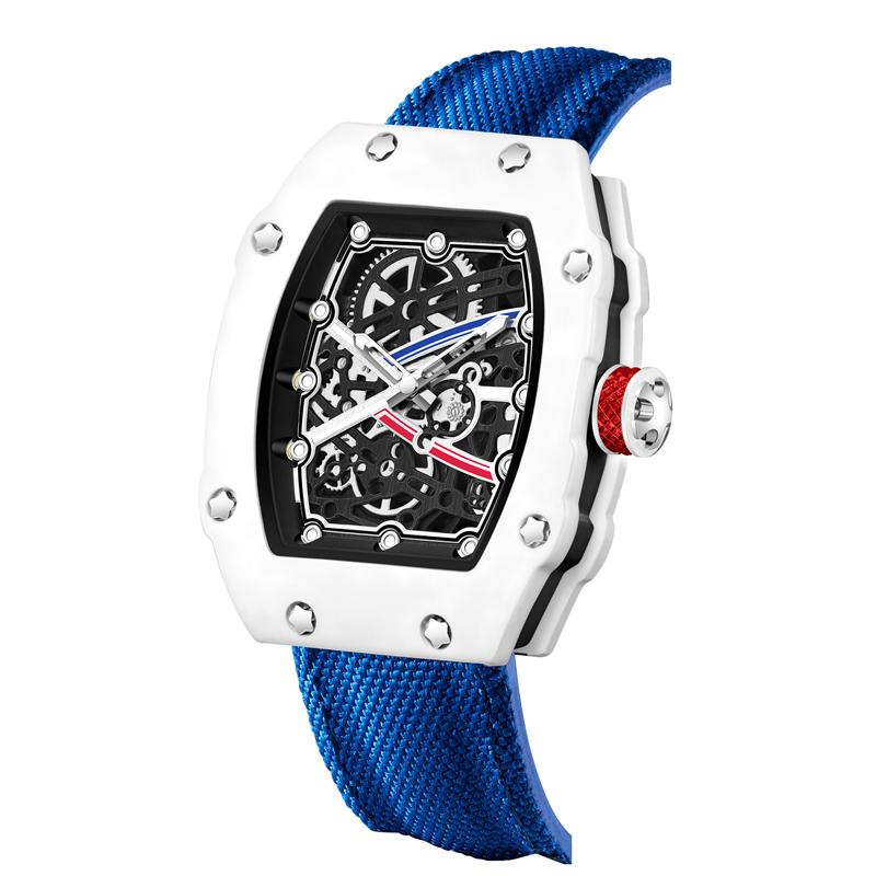 Men's Carbon Fiber Skeleton Tonneau Watch, Red Nylon Strap, Sporty Quartz Wristwatch