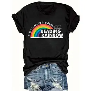Women’s Rainbow Reading Lover Graphic T-Shirt, Soft Cotton Short Sleeve Crew Neck Tee, Cute Teacher Librarian Shirt, Book Lover Gift, Casual Summer Top, Breathable Everyday Outfit