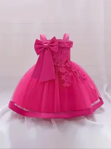 Girl's Appliques Bow Decor Faux Pearls Tulle Dress, Elegant Sleeveless Satin  Dress for Party Wedding Guest, Kids Clothes for All Seasons