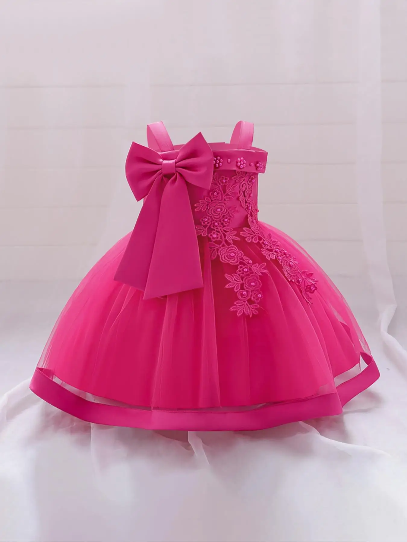 Girl's Appliques Bow Decor Faux Pearls Tulle Dress, Elegant Sleeveless Satin Tutu Dress for Party Wedding Guest, Kids Clothes for All Seasons, Embroid