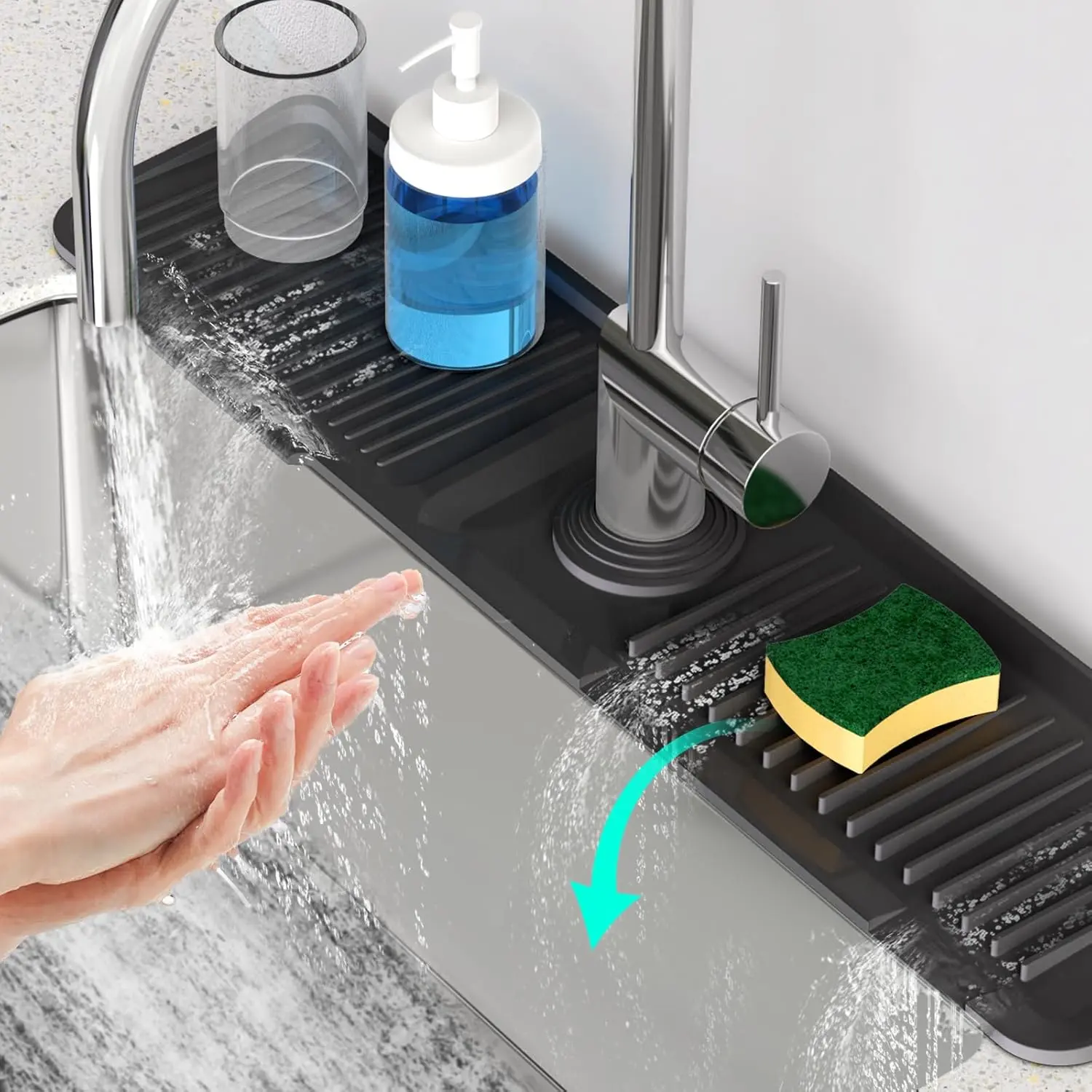 24-Inch Silicone Faucet Mat, 5° Sloped Fast Self-Draining Sink Splash Guard, Long Rectangular Faucet Drip Catcher for Kitchen and Bathroom, Black