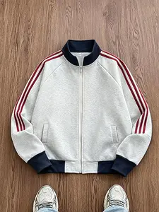 Men’s spring/autumn casual long-sleeve striped cardigan sweatshirt jacket with double zipper design—versatile, minimalist, trendy sweatshirt; a wardrobe essential for men.