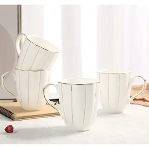 Coffee Mug Set of 4(13.5oz), Luxury British Design with Handcrafted Golden Trims, 1st-Class Bone-china White and Gold Cup Set for Coffee, Tea&Milk, Beautiful&Graceful Top Fine Porcelain Cups