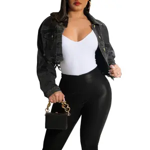 Cropped Denim Jackets for Women Long Sleeve Destroyed Wash Jean Jackets