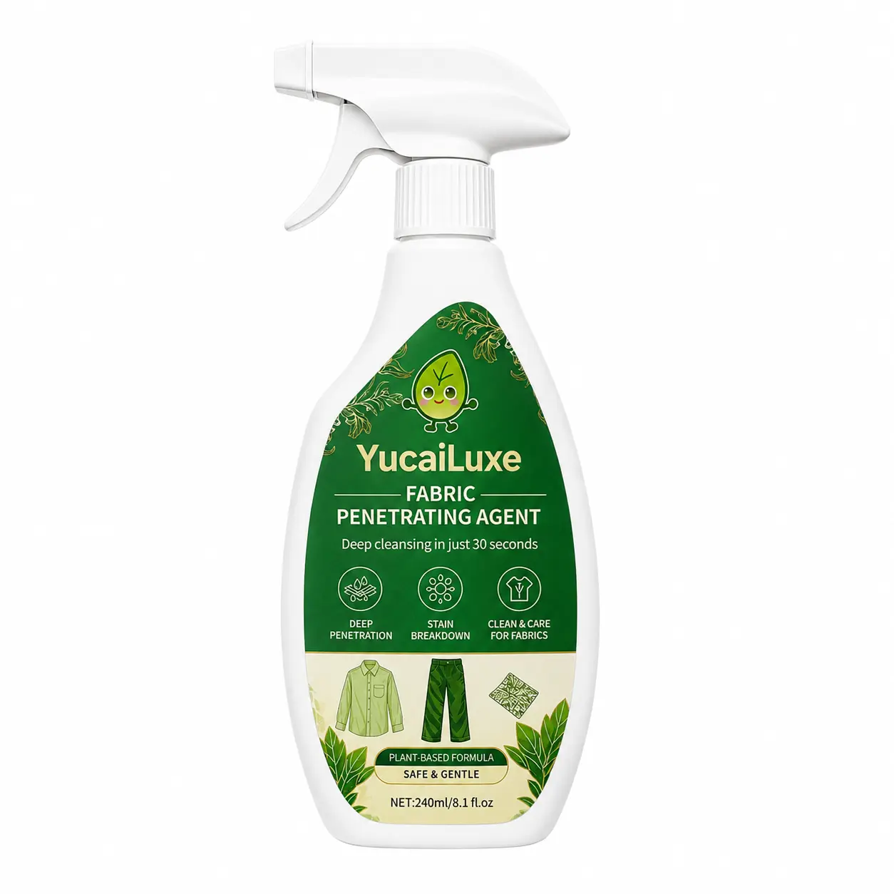 YucaiLuxe Fabric Penetrating Agent Spray, 30-Second Fast Deep Stain Remover Household Detergent, Plant-Based Gentle Pre-Wash Spot Cleaner for Cloth Shirts & Pants, 240ml Spray-Based All-Purpose Cleaner for Washable Fabrics