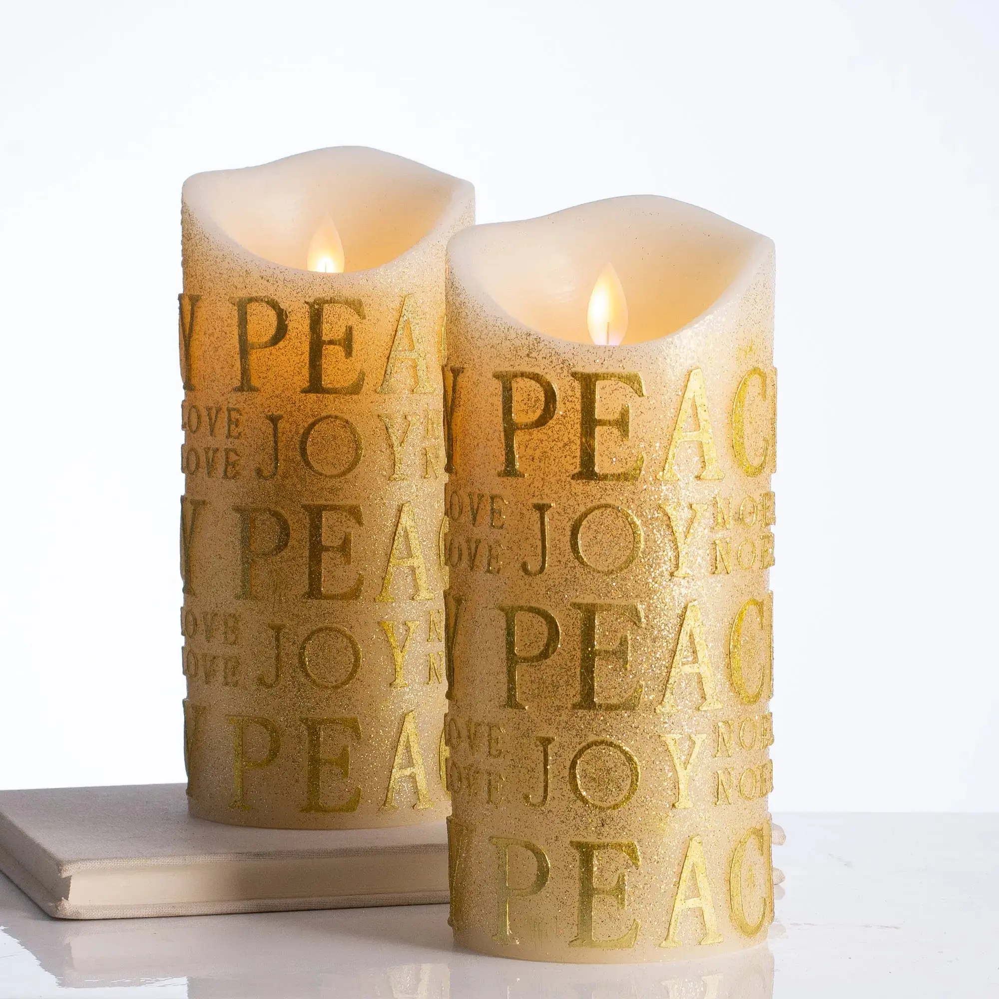 Gold Glitter Peace & Joy Flickering Flameless Battery-Operated LED Pillar Candles
