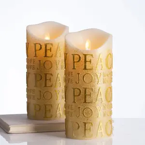 Gold Glitter Peace & Joy Flickering Flameless Battery-Operated LED Pillar Candles