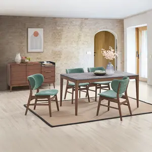 Acme DN02312-14 5 pc bevis walnut finish wood and engineered stone top mid century modern dining table set green chairs