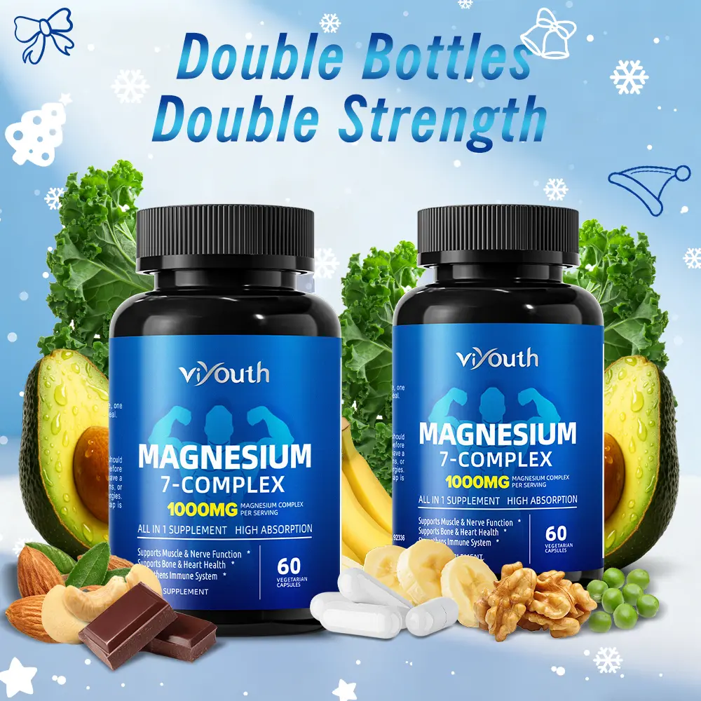 Viyouth Lactose-Free Magnesium Complex Dietary Supplement Pack - 2 Bottles, 1000mg 7-Type Formula with Magnesium Glycinate, Zinc, Vitamins, Gut Support Minerals for Sleep, Muscle, Heart Health - 3rd Party Tested