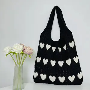 Women Knit Tote Bag Crochet Shoulder Bag Love Heart Pattern Handbags Aesthetic Everyday Knitted Bag Straps for Handbags Handmade Bag Handcrafted Bag