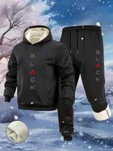 Men's Winter Fleece Thickened Set, Letter Pattern Print Hoodie + Casual Long Pants, Comfortable Fashion Design 2 Piece Set