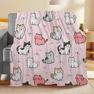 Soft Plush Flannel Cat Blanket - Geometric Cat Faces & Paw Print Design, Lightweight All-Season Cozy Throw For Sofa, Bed, Living Room - Perfect Gift For Cat Lovers & Pet Owners, Multiple Sizes Available