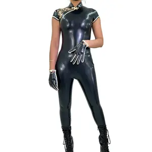 Latex One-Piece Suit Cheongsam Collar Latex Coat Womenswear with Embroidered Sleeves and Matching Gloves