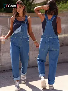 Women's Blue Denim Bib Pants Overall, Loose-Fitting Casual Wear, All-Season, Fashionable Sleeveless One-Piece Jumpsuit, Spring Summer Clothing