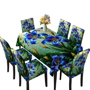 5/7 Piece Set Light Bottom Blue Lily 2D Flat Print Tablecloth Chair Cover Set, Vibrant Plant Style Dining Room Decor, Home Fresh Fabric Kit, Chair Covers Set, Dining Chair Slipcover