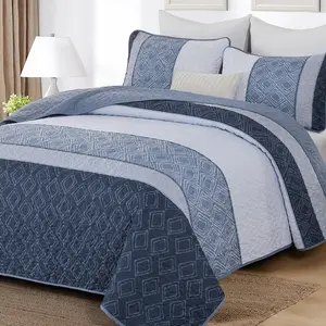 Set California King Size 3 Pieces,Striped Bedspread Coverlet Set,Mineral Blue Boho Summer Bedding Set Soft Microfiber Bedding Set with 2 Pillow Shams 112"x96"