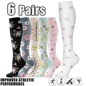 6-Pack Women's Compression Socks with Floral Design - Breathable High-Calf Socks for Running, Gym, Skipping & Cycling - Athletic Support Socks