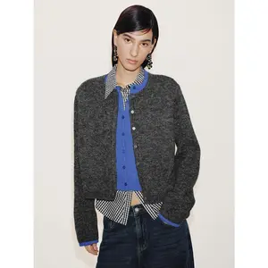 URBAN REVIVO 2026 Spring New Women's Trendy Color Block Mock Neck 2-Piece Cropped Knit Cardigan Clothes, Short-Sleeve Polyester Blend Medium Thick Knitting Fabric Casual Outerwear, Sizes XS-XL, UWJ960007, Crew Neck Option