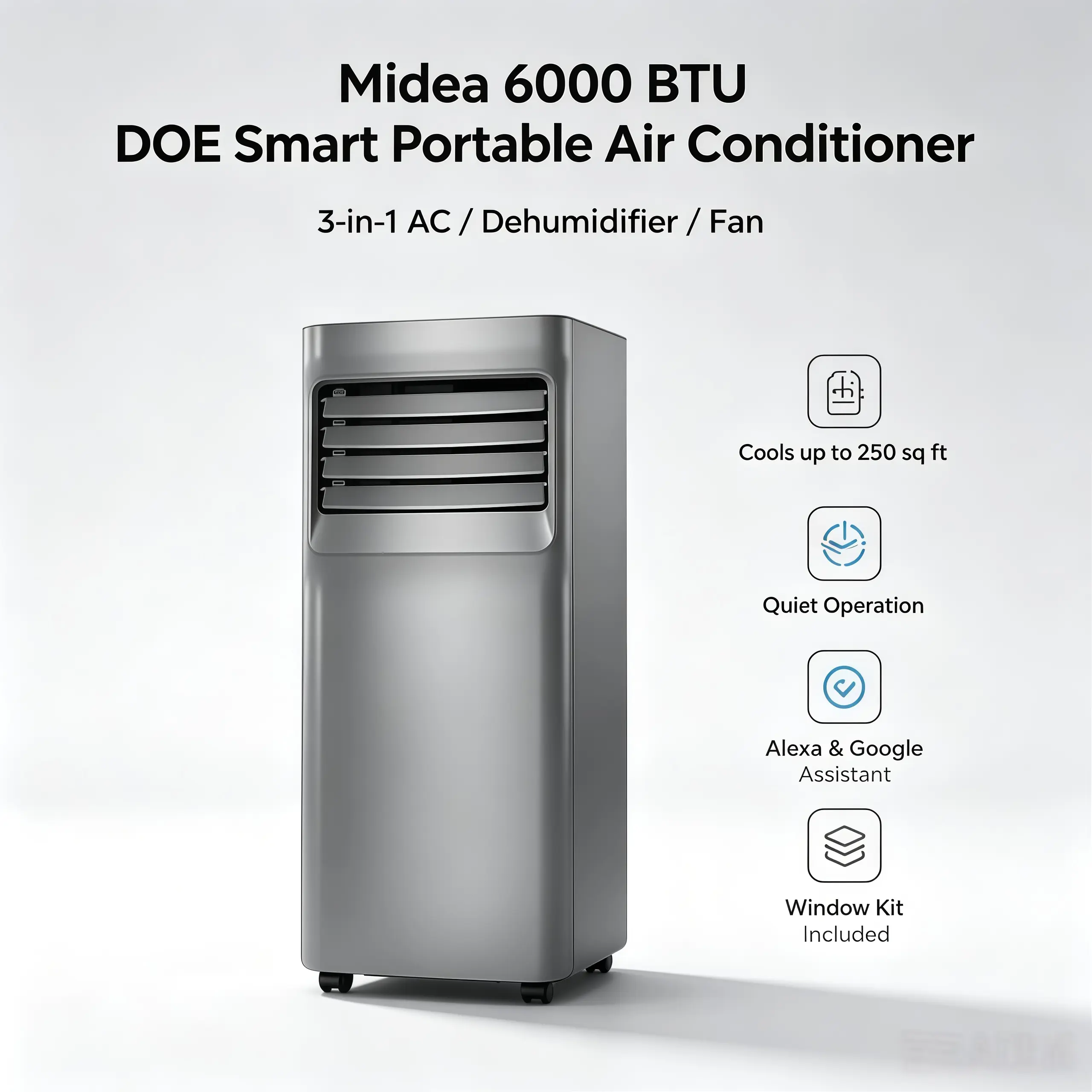 Midea 6000 BTU DOE Smart Portable Air Conditioner (Like New), 3-in-1 Cooling Dehumidifier & Fan, Cools Up To 250 Sq.Ft, Quiet AC Compatible with Alexa & Google Assistant, Complete Window Installation Kit
