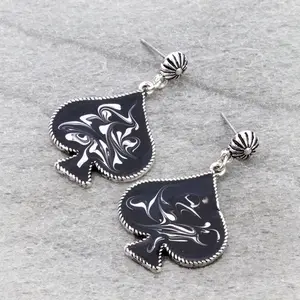 Ace of Spades Stud Earrings Burnished Silver and Turquoise or Black Color Fashion Jewelry