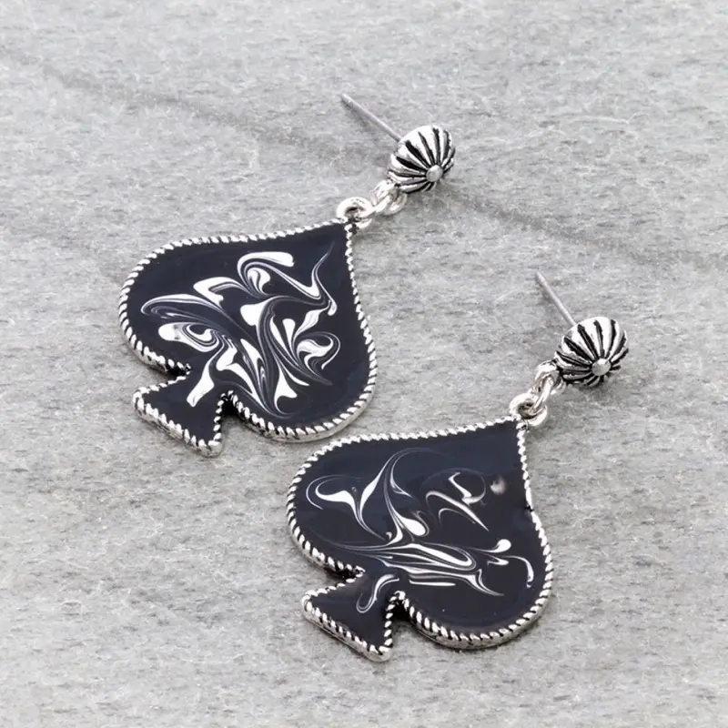 Ace of Spades Stud Earrings Burnished Silver and Turquoise or Black Color Fashion Jewelry