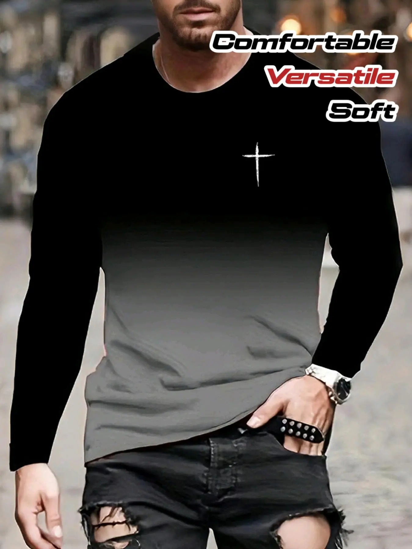 Men's Long Sleeve T-Shirt, Soft Stretch Fabric, Gradient to, Casual Halloween Clothing, All Seasons