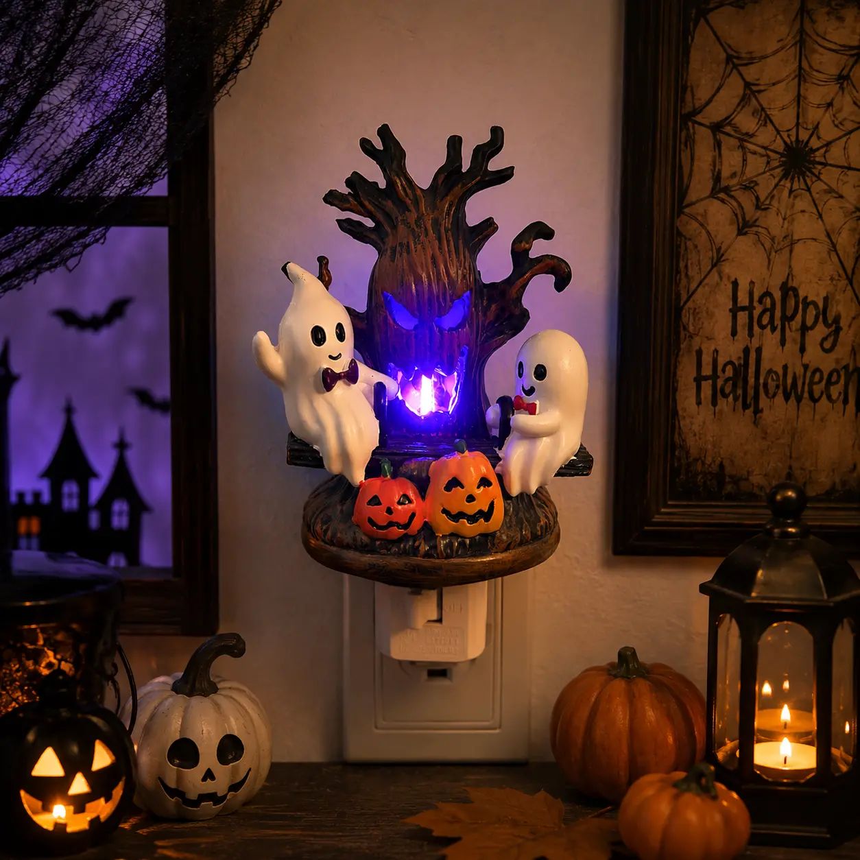 Halloween Spooky Ghost and Pumpkin LED Decorative Light Plug-infor Indoor Home, Bedroom, Bathroom, Halloween Party Supplies, Holiday Gifts