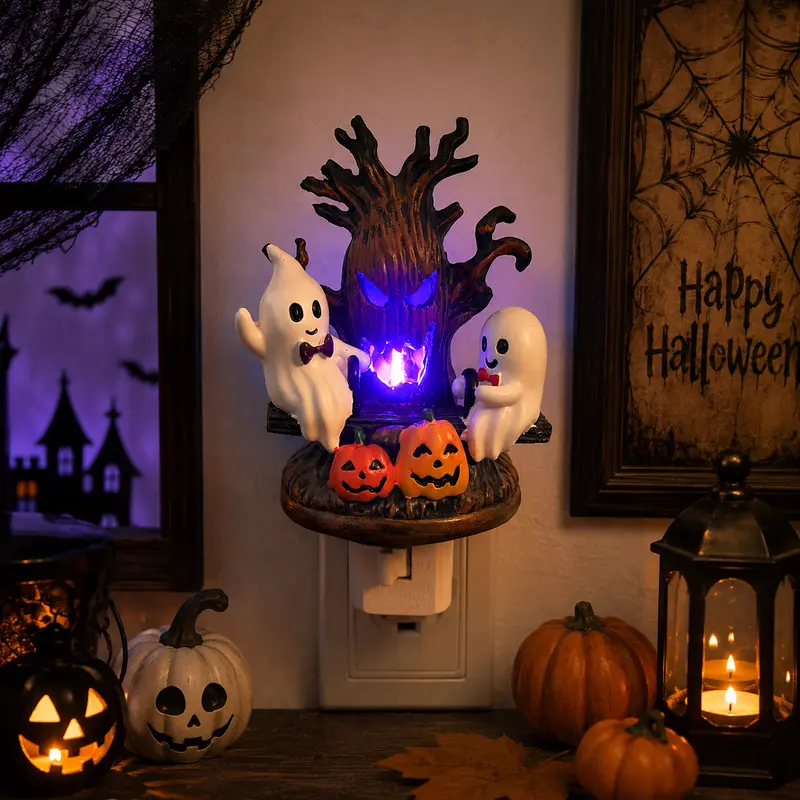 Halloween Spooky Ghost and Pumpkin LED Decorative Light Plug-infor Indoor Home, Bedroom, Bathroom, Halloween Party Supplies, Holiday Gifts