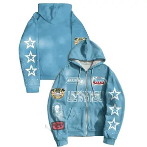 Vintage Distressed Blue Zip Up Hoodie Men, Star Print Patch Graphic Full Zip Hooded Sweatshirt,Oversized Y2K Streetwear Hoodie With Pockets, Hip Hop Casual Long Sleeve Hoodie For Daily Wear