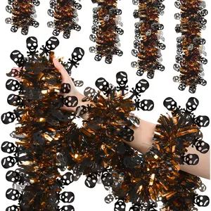 50 Ft Halloween Tinsel Garland Glitter Tinsel Garlands with Black Skull Thick Glittering Metallic Twist Garland for Halloween Indoor Outdoor Party Decorations