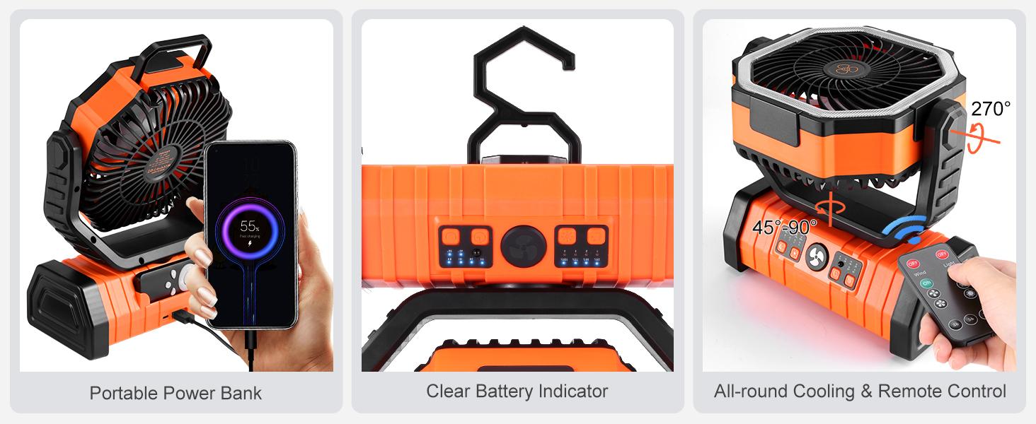 Odoland  Rechargeable Camping Fan with LED Light, Portable Multi-functional Fan with 270° swivel head,Portable Tent Fan with Timer, Oscillating Emergency Camping Fan Cordless Rotatable Battery Powered Lightweight