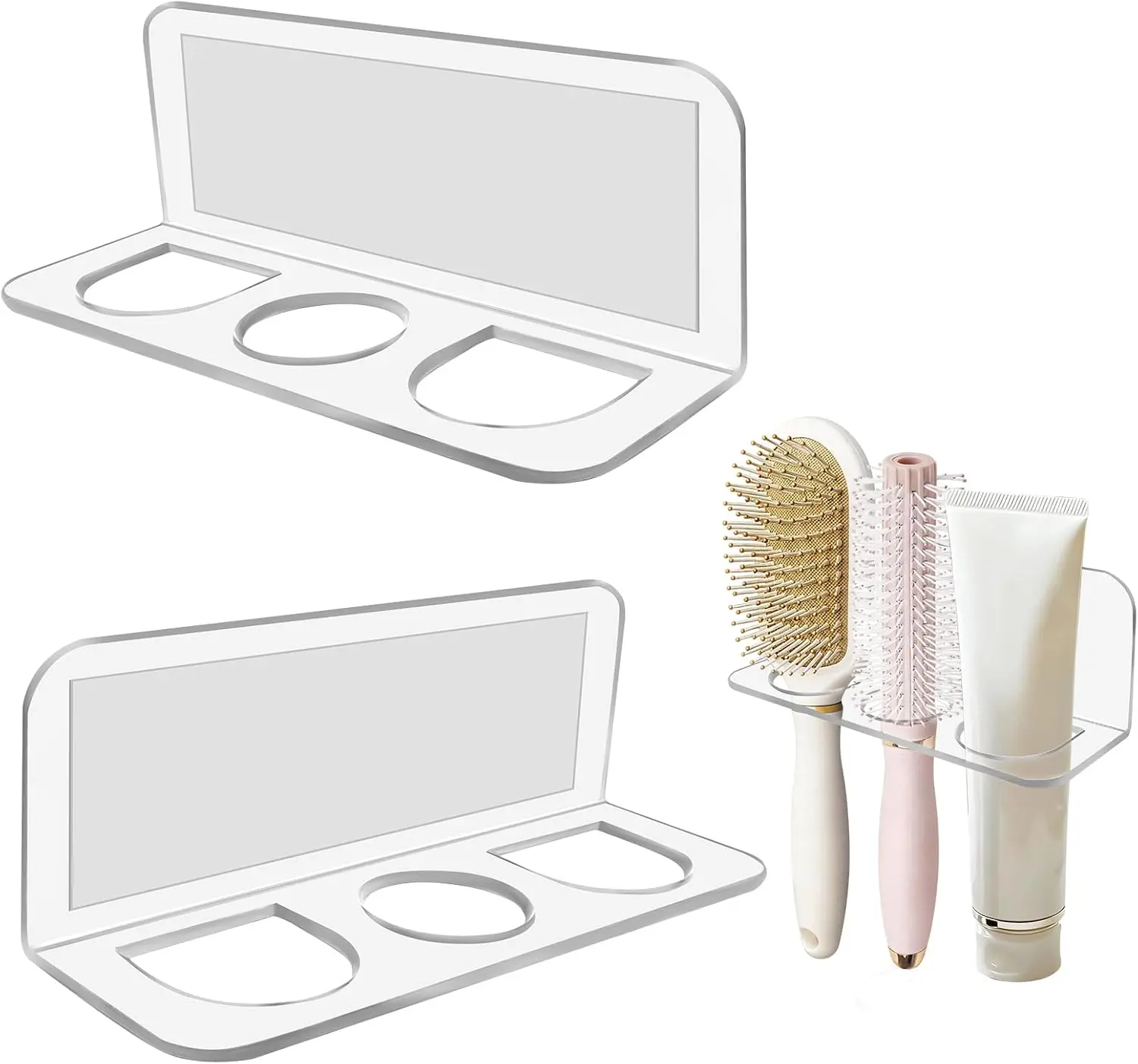 2-Pack Acrylic Hair Brush Holder Wall Mounted, Bathroom Organizer with Industrial Adhesive for Combs, Round Brushes, Hair Tools, Space Saving Design (Transparent)