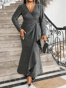 Elegant Silver Color Party Dress, Plus Size Fashionable Gown, Perfect for Festive Occasions, Women's Stylish Clothing