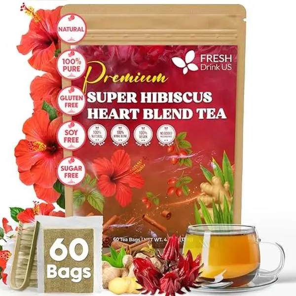 60 Tea Bags Super Hibiscus Heart Blend– Herbal Tea with Hibiscus Flower, Ginger, Cinnamon Stick, Lemongrass & Rose Hip – Naturally Caffeine-Free, Sugar-Free, Vegan