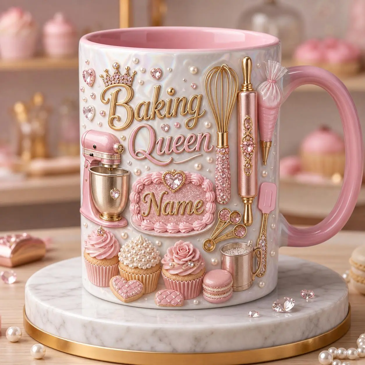 Baking Queen Mug, Custom Accent Mug, 2D Printed 3D Effect, Personalized Name, Baker Gift For Women, Pastry Chef Coffee Cup, Baking Lover Mug, Cupcake Decor Mug, Pink Kitchen Mug, Bakery Theme Cup, Whisk Rolling Pin Design, Coquette Style Mug, Cute Baker