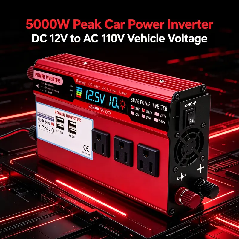 Peak 5000W Car Power Inverter - DC 12V to AC 110V Compact and Portable Unit with Multiple Outlets, Fast Charge USB Ports, Vehicle Adapter for Trucks/RVs, 200W & Above Conversion for Phones, Laptops, Tablets for Outdoor Trips