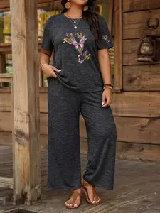 Plus Size Women's Two-Piece Set, Painted Pattern, Vintage Distressed Short Sleeve & Wide-Leg Pants, Summer Versatile Casual Home & Outdoor Wear Clothes