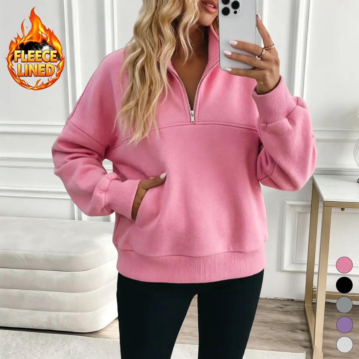 Women's Fleece Sweatshirt - 50% Cotton 50% Polyester Cotton Blend, Ultra Soft Warm Breathable Half Zip Front Pullover with Kangaroo Pockets, Hoodie for Autumn Winter Casual Wear