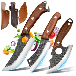 3PCS Kitchen Knife Set with Leather Sheaths, Forged Stainless Steel Chef Knives, Butcher Knife, Carving Knife & Paring Knife with Wood Handle for BBQ, Camping, mothersdaygift
