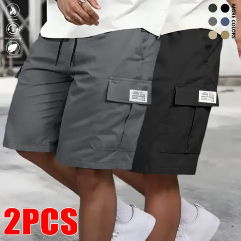 Men's 2-Pack Ripstop Cargo Shorts Bundle - Side Pocket, Fitted Baggy Style, Casual Fit, Utility Pockets, Adjustable Waist, Street Casual Design, Black + Gray, Extended Sizes, Hiking Ready Heavy-Duty Summer Menswear Value Set, Side Pocket Men's Shorts