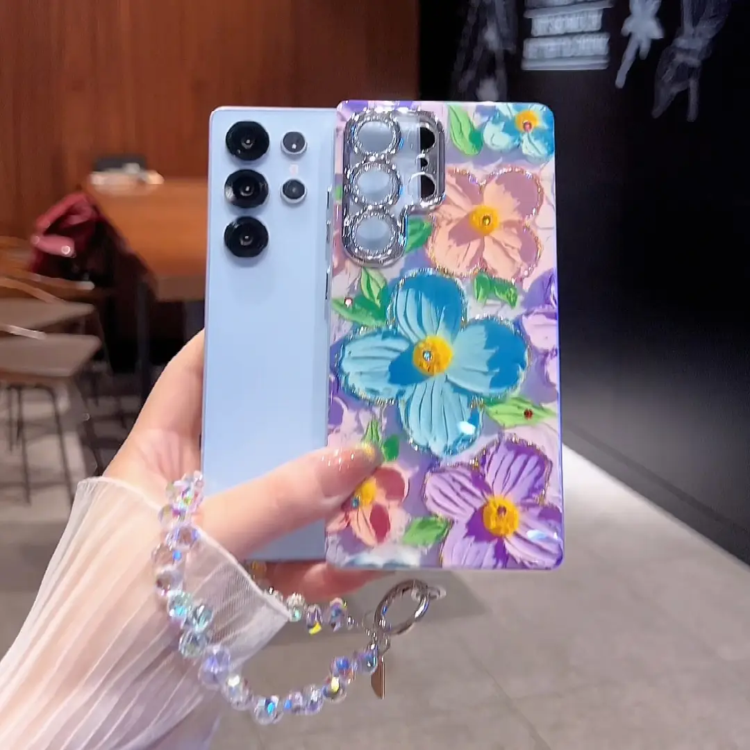 Blue Flower Oil Painting Green Purple Flower Fashion Phone case for S25 Ultra/S24/S23/S22 Plus phone case Fall Resistant phone case