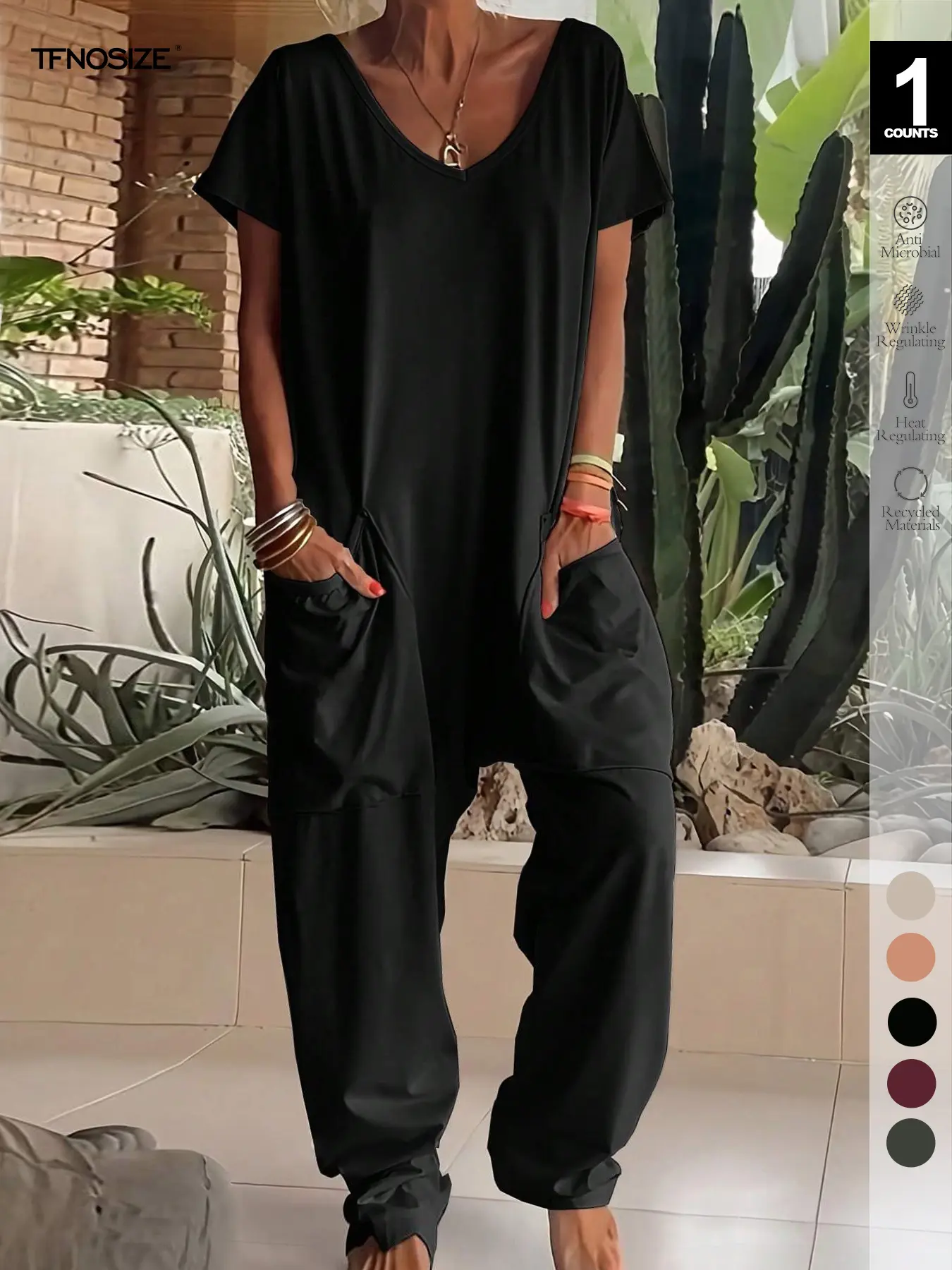 Women's Oversized Loose Baggy Harem Jumpsuit with Side Pockets, Bohemian Style One Piece Romper, Casual Fitted Vneck Short Sleeve, All Seasons, Womenswear