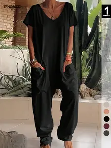 Women's Oversized Harem Jumpsuit with Side Pockets, Bohemian Style One Piece Romper, Casual Fitted Short Sleeve, All Seasons, Womenswear