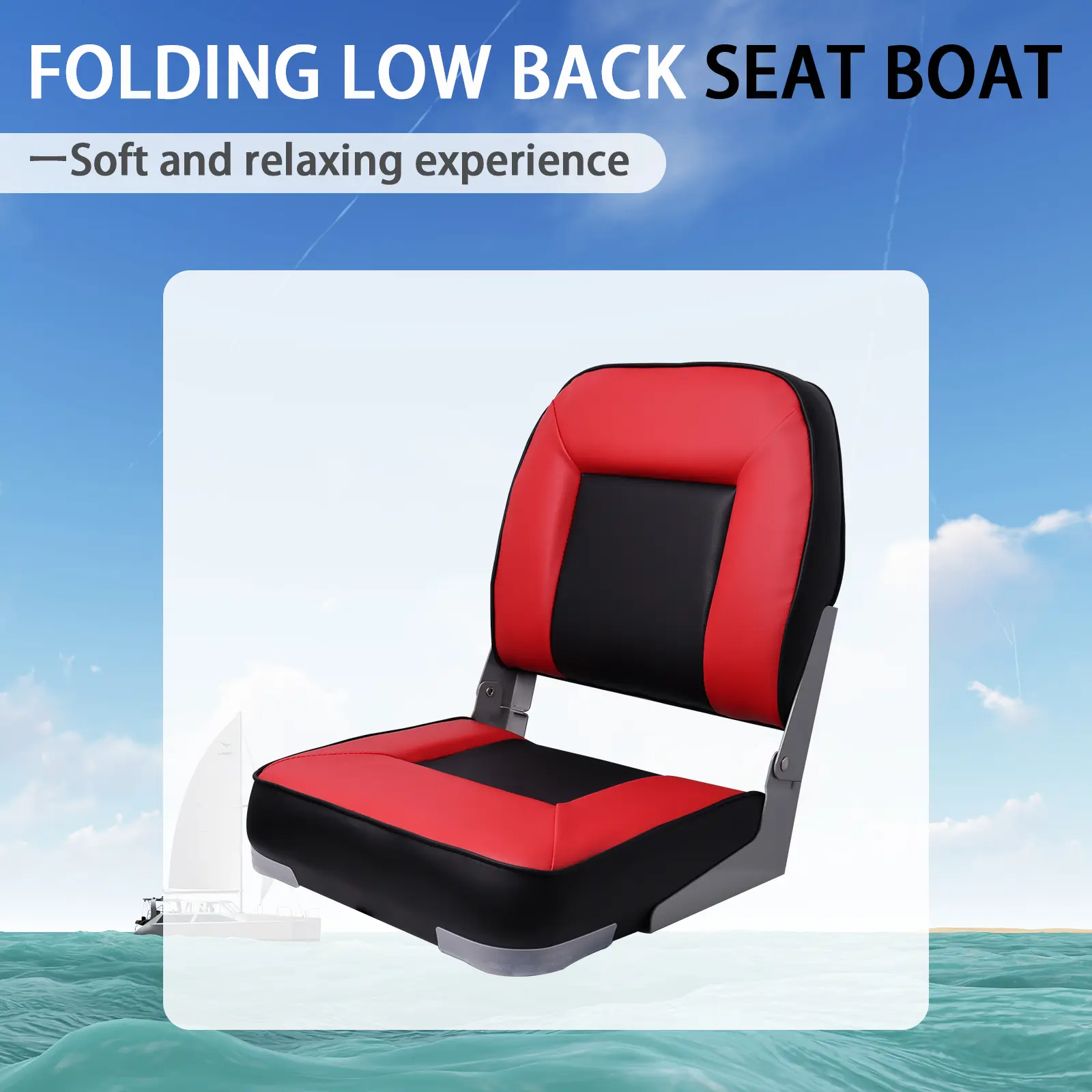 Unisex Low Back Folding Boat Seat (1 Pack) - Waterproof, Sun-Resistant Captain Chair with Thick Cushion, Ergonomic Backrest, Fold-Down Hinge, Includes Screws - for Fishing Boats, Water Sports Vessels