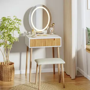 【Sweet Gift】Small Vanity Desk with Mirror and Lights, Wooden Handles with Cushioned Stool, 3 Lighting Modes Round Makeup Table with Upgraded Silent Slides, Compact Vanity for Small Spaces, Natural Oak