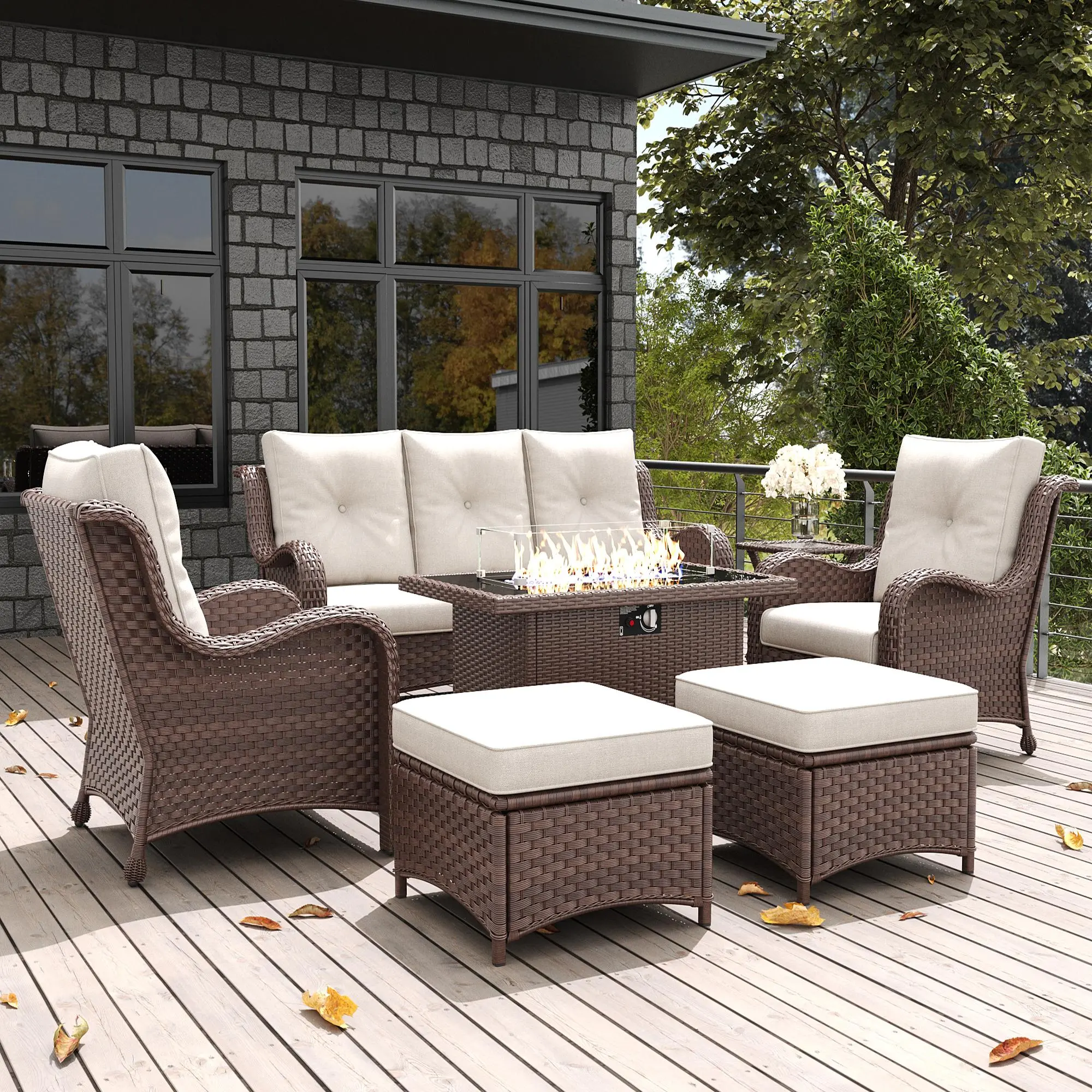 LayinSun 7 Pieces Outdoor Patio Furniture Set with Fire Pit Table, Rattan Wicker Sectional Chairs Sets with Ottomans, Single Chairs and Coffee Table