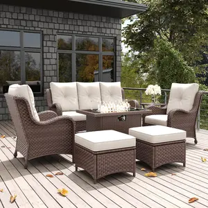 LayinSun 7 Pieces Outdoor Patio Furniture Set with Fire Pit Table, Rattan Wicker Sectional Chairs Sets with Ottomans, Single Chairs and Coffee Table