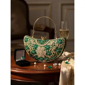 Rhinestone Crescent Clutch - Elegant Evening Bag with Sparkling Embellishments and Gold Handle for Weddings and Glam Nights Out, Wedding
